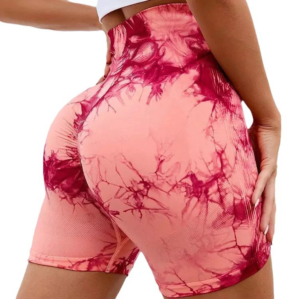 Seamless Tie Dye Sport Shorts For Women Summer Elastic Scrunch High Waist Push Up Tummy Control Gym Fitness Workout Yoga Shorts