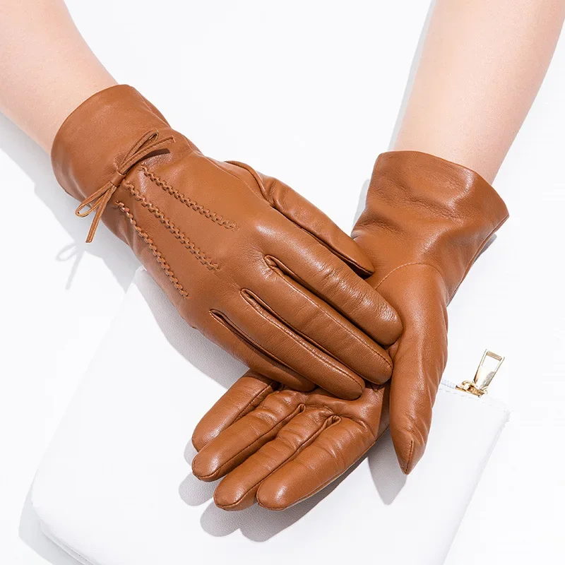 

Winter Windproof Cycling Sheepskin Gloves Fleece Lining Women's Genuine Leather Gloves with Bowknot Outdoor Activities Gifts