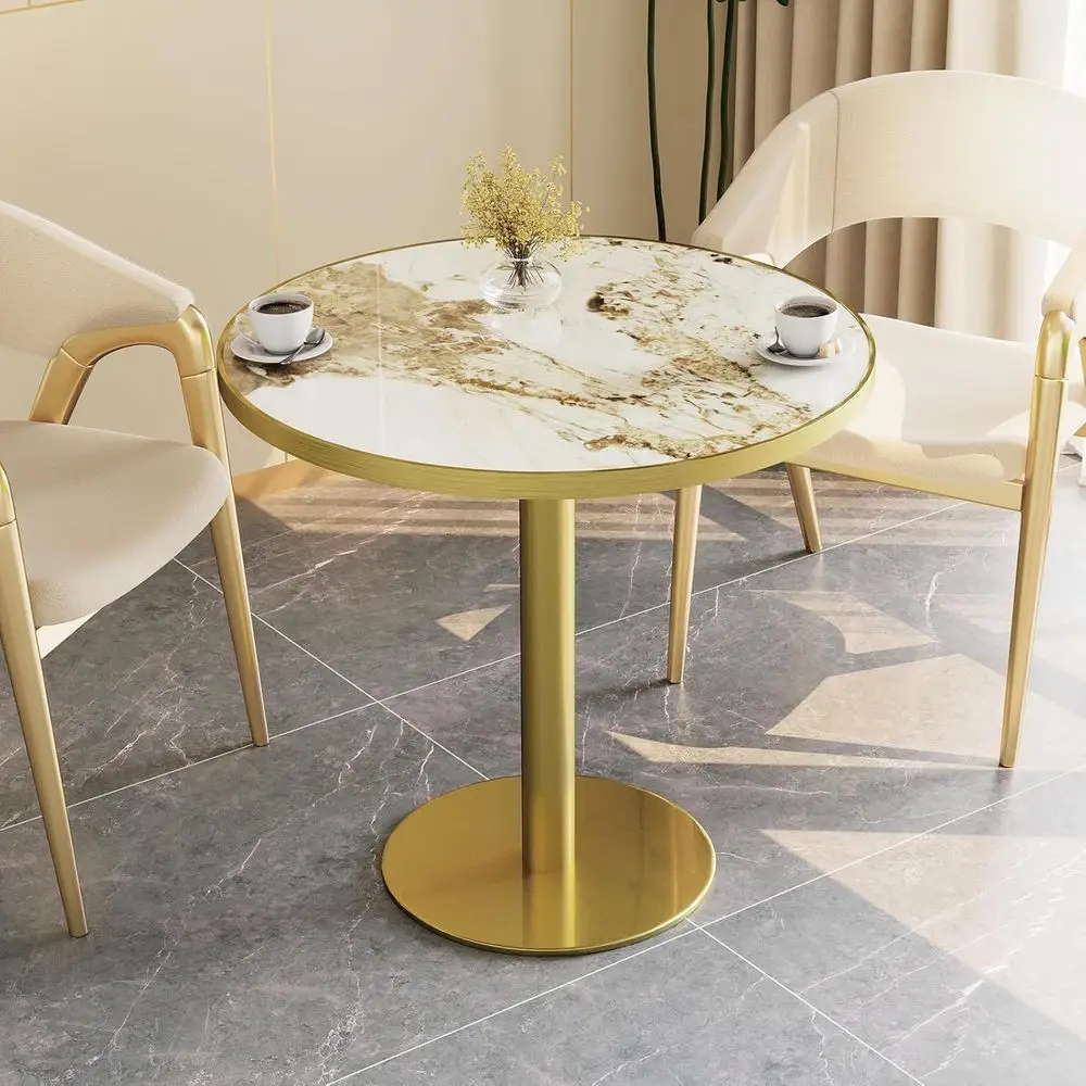 

Round Sintered Stone Top Dining Table, 31.5 Diameter, Suitable for 2-4 People, Ideal for Small Spaces, Restaurants (Platinum Clo