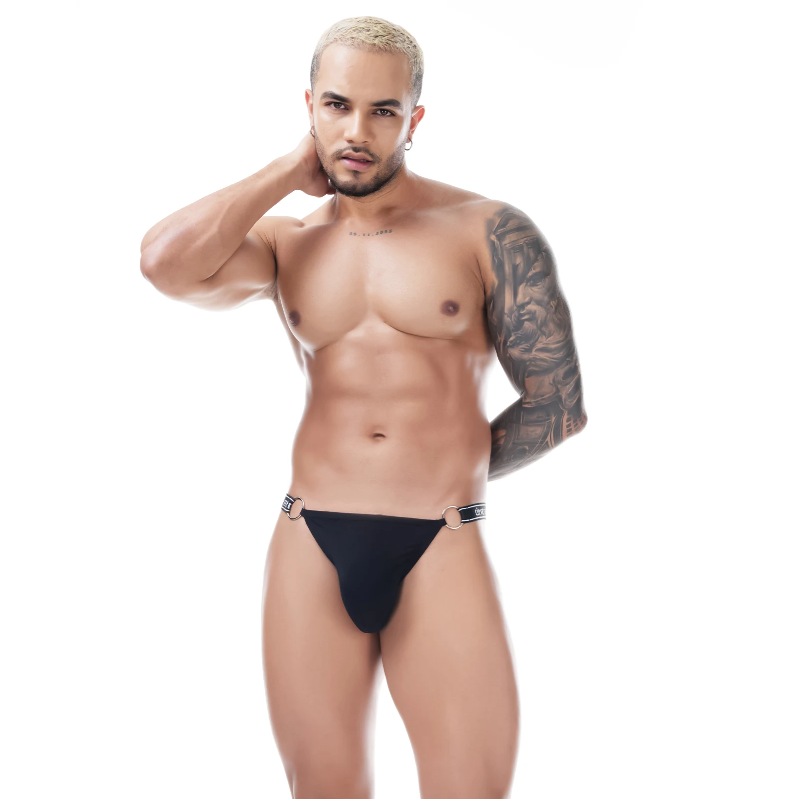 Sexy Man Thongs Ice Silk Low Rise Underwear 4 Metal Ring Decor Breathable Elastic Thong Waist Band U Convex Underpants