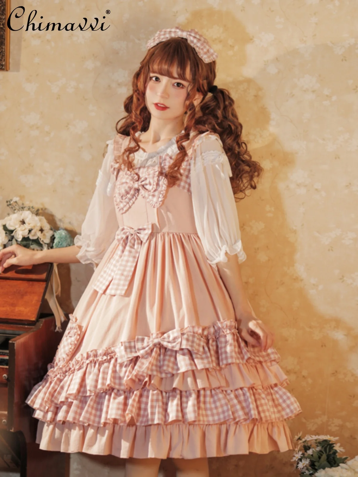 Original Lolita Sweet Cute JSK Sling Dress New 2024 Autumn Girly Ladies Bow Knee-Length Kawaii Princess Dresses for Women