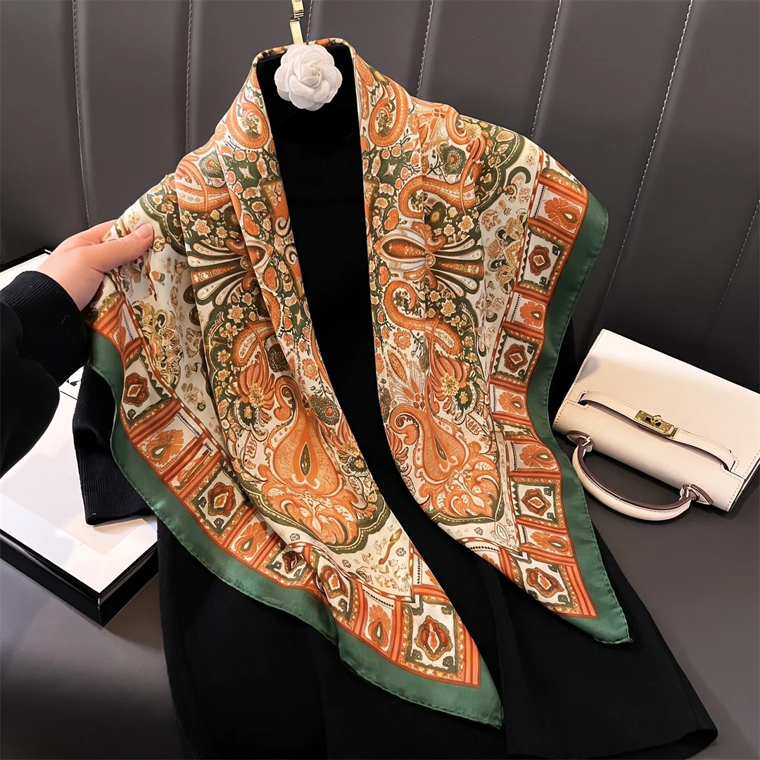 Fashion Square Silk Scarf 90cm Women Luxury Brand Satin Print Hijab Scarves Pareo Bandana Female Shawl Wrap Headband Foulard