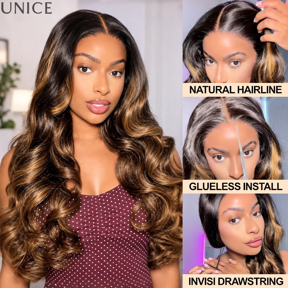 UNice 7x5 Bye-Bye Slip ™ Parrucca Balayage con Onde Morbide, Pre-Tagliata e Pre-Sbiancata, Senza Colla, in Capelli Umani, Pronta all'Uso