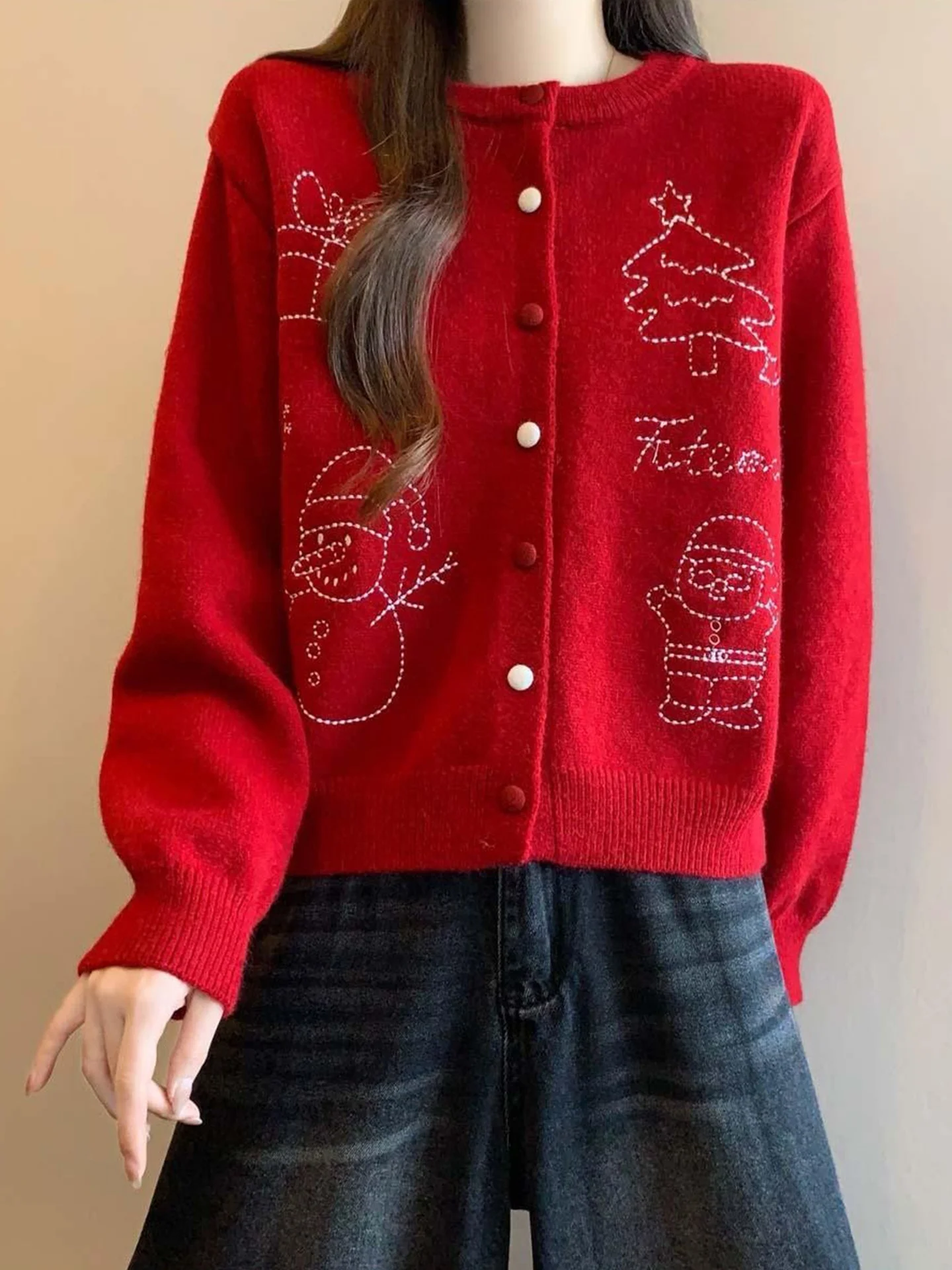 

Красный вязаный кардиган Cisas Snowman с вышивкой, женский, осенне-зимний, больших размеров, модный, уникальный, красивый