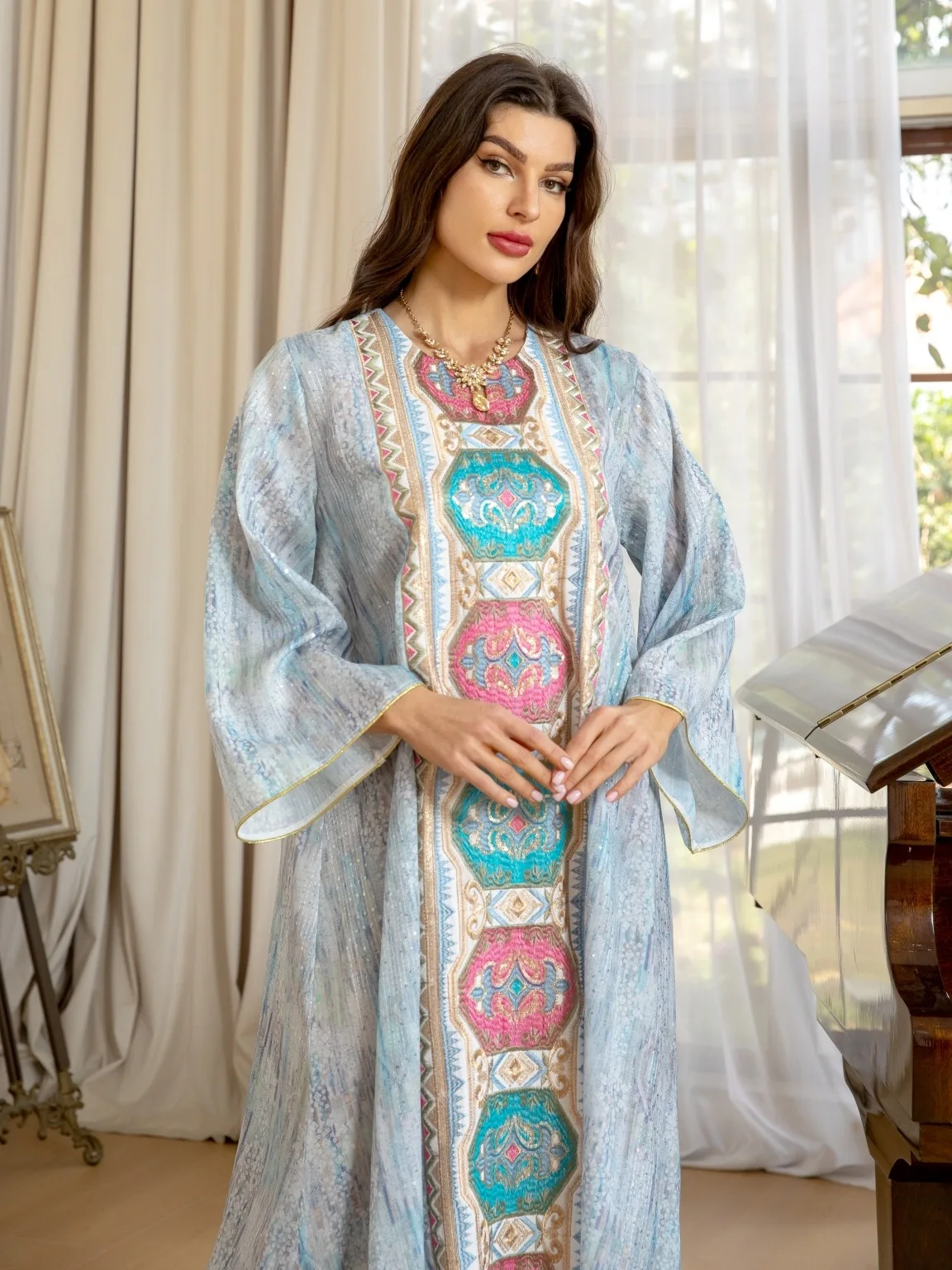 Women's Muslim Middle Eastern Pullover Dress Fashionable Robe Printed Bead Embroidered Embroidered Robe Luxury Evening Dresses