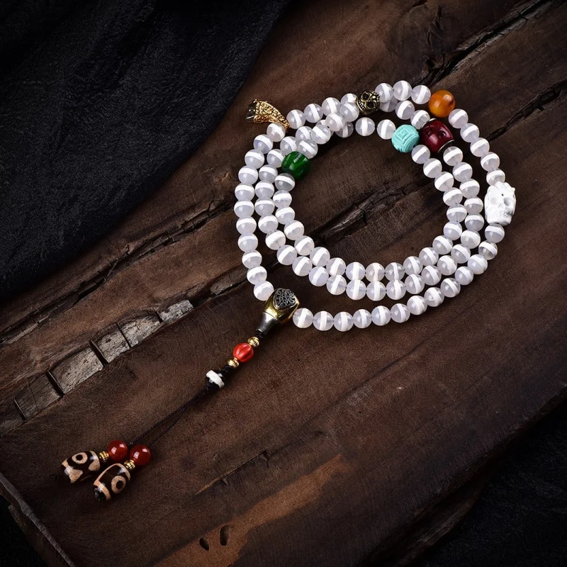 

Tibetan Style High-Quality Natural Agate One-Line Dzi Bead108Buddha Beads Prayer Beads Multi-circle Bracelet Tibetan Style Cultu