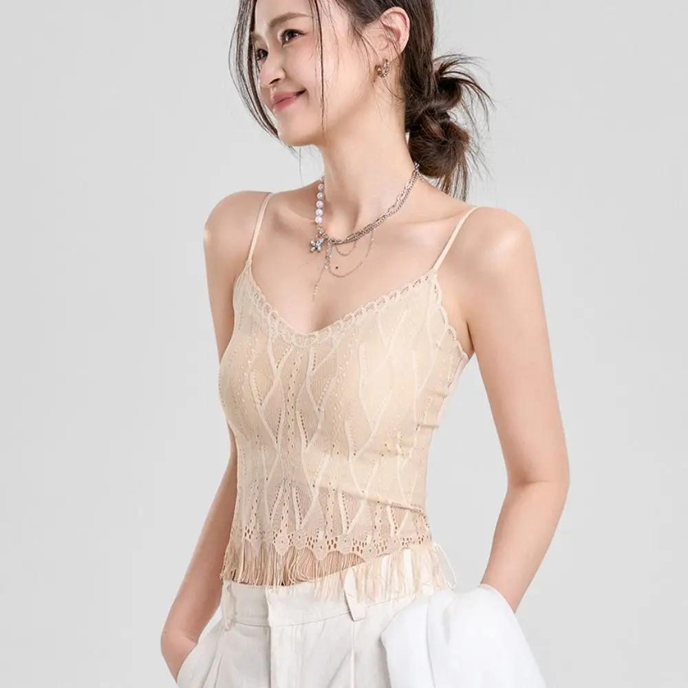 Ins Fashion Tassel Lace Mesh Camisole Sleeveless Deep V Lace Crop Top Thin Seamless Suspender Vest with Pads Women
