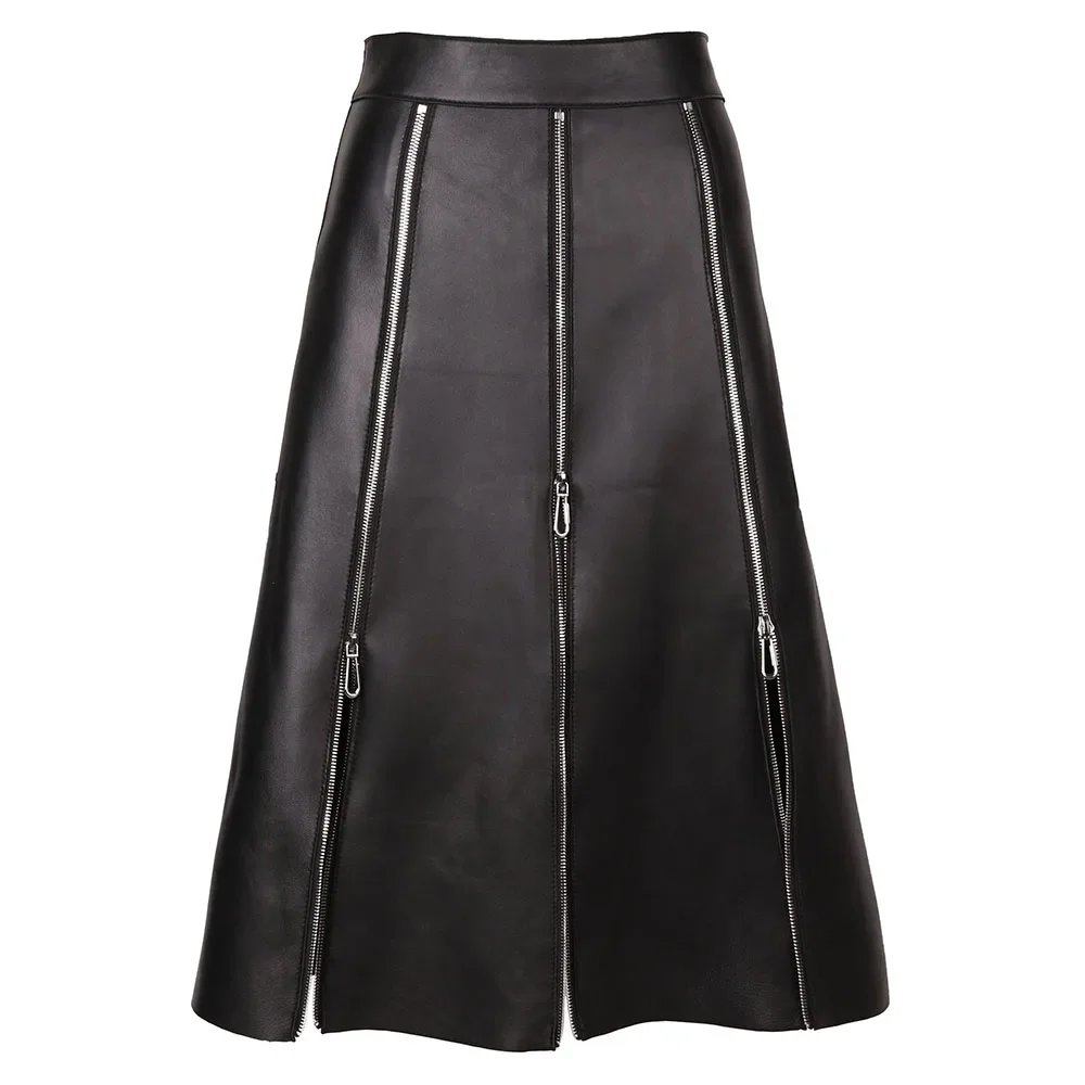 High Waist Long Skirts Ladies 2022 Autumn New A-Line Zippers Side Real Leather Skirts Women