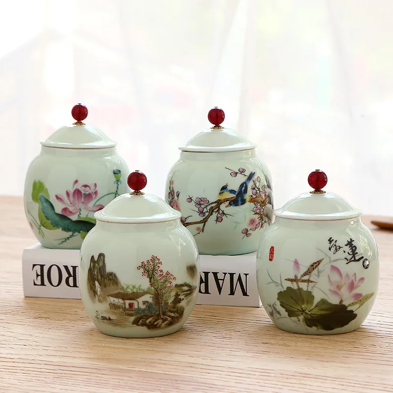 Ceramic Tea Canister European Style White Porcelain Flower Vase Moisture-proof Sealed Jar Household Storage Box Container Crafts