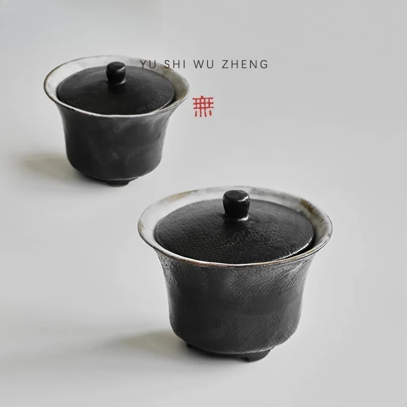 130ml Black Lacquer Coarse Pottery Gaiwan Handmade Three Legged Tea Tureen Tea Making Cover Bowl for Kung Fu Tea Collection Gift