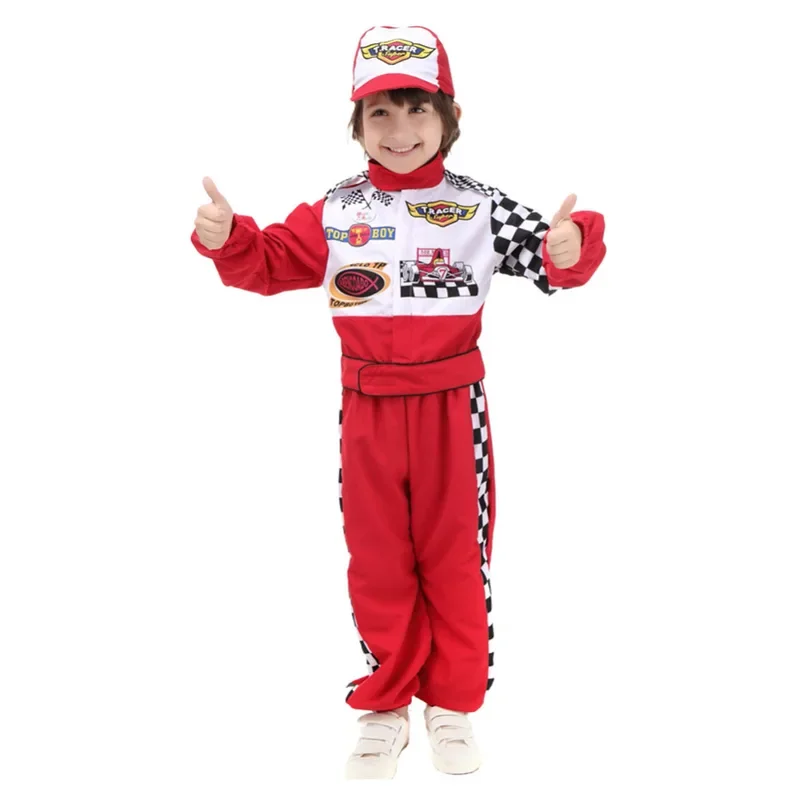 Kids Halloween Racer Cosplay Red Race Car Driver Uniform Boys Children\'s Racing Driver Costume Fancy Dress Masquerade Costume