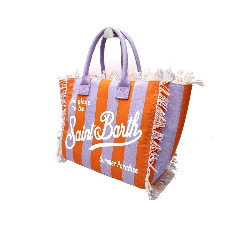 Bolsa listrada vertical laranja e roxa, bolsa feminina de grande capacidade lona Tassel Design, bolsa com zíper, nova