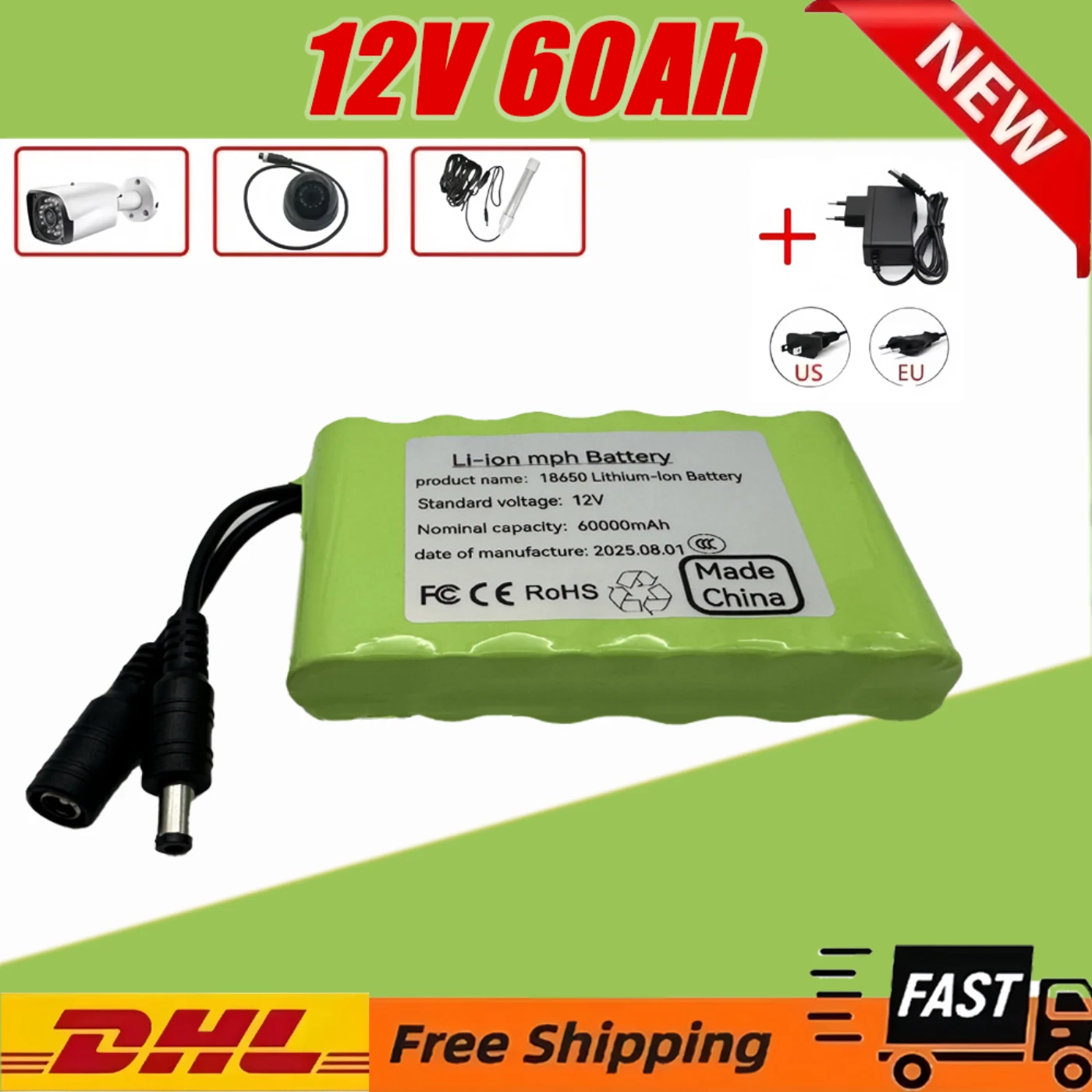

Original NEW Portable Super 12V 60000mah Battery Rechargeable Lithium Ion Battery Pack Capacity DC 12.6v 60Ah CCTV Cam Monitor +
