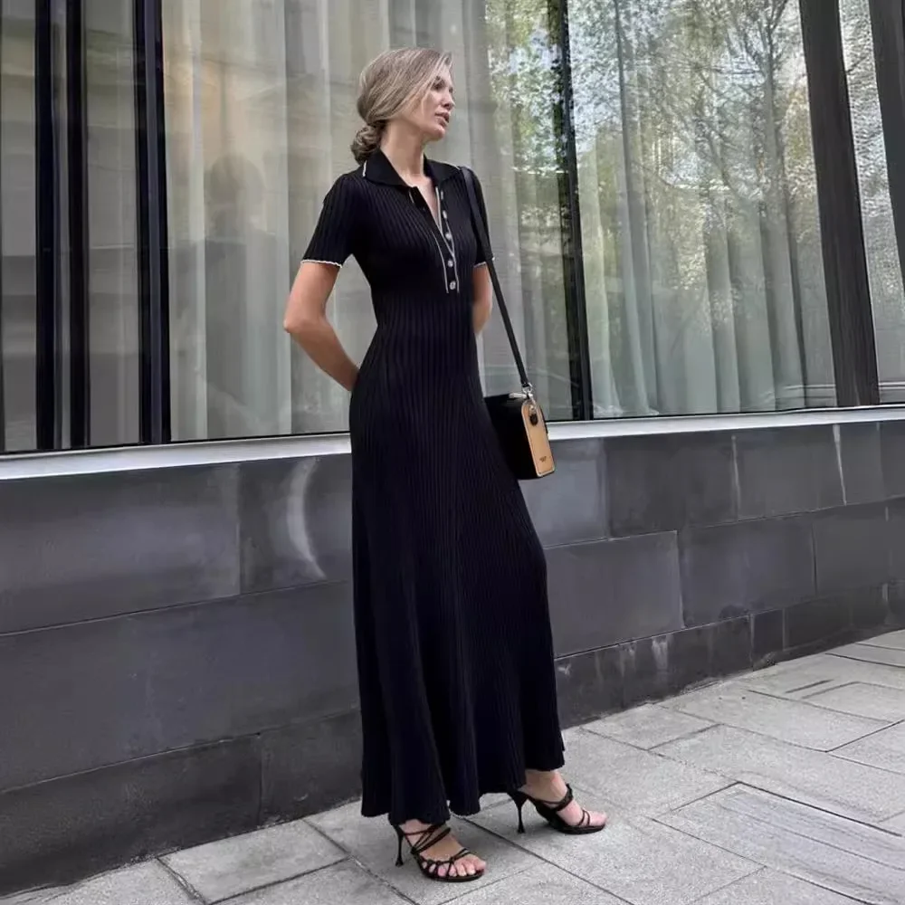 

Elegant Fashion Knit Patchwork Maxi Dress Lapel High Waist Knitwear Female Slim Clothes Women White Short Sleeve Party Dresses