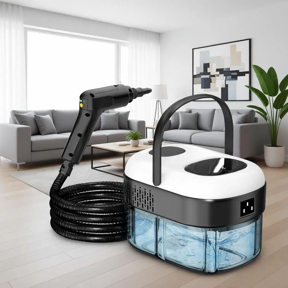 

Портативный ручной отпариватель с 3 уровнями регулировки, быстрым нагревом за 15 секунд, резервуаром на 47,3 унции, мощностью 2500 Вт, для различных поверхностей (полы/глубокая очистка)