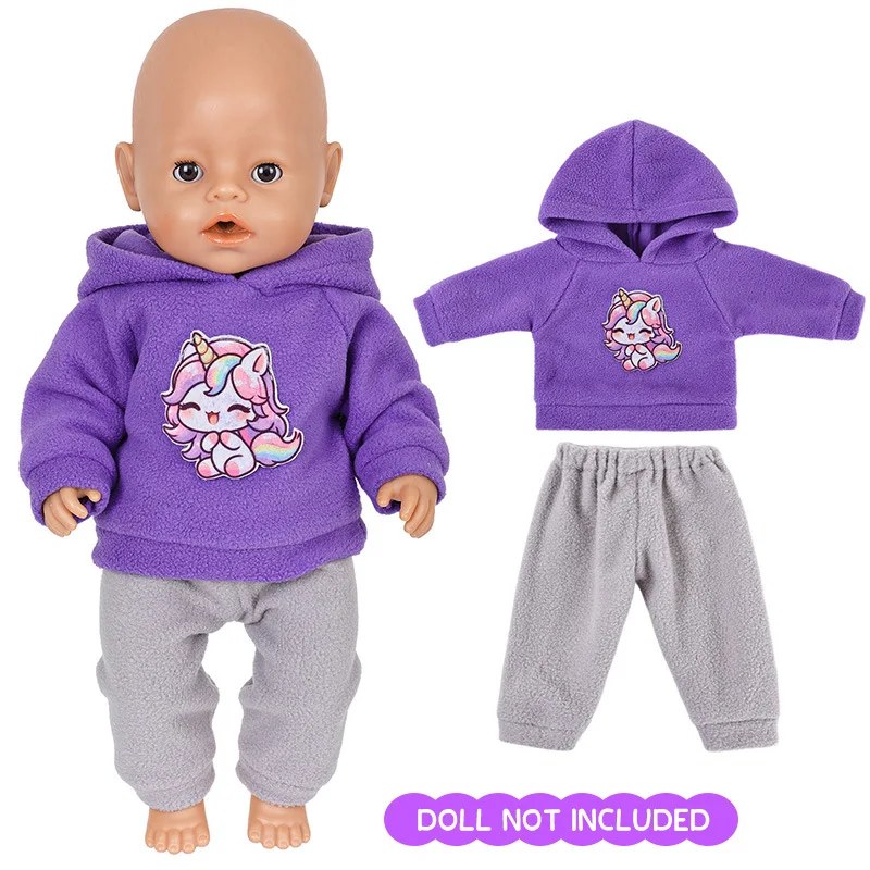 新しい43cm（18インチ）ドール用ジャンプスーツ、リボーンドール用キュートな漫画風スポーツフーディーパンツセット、アメリカンガールドール服ギフト