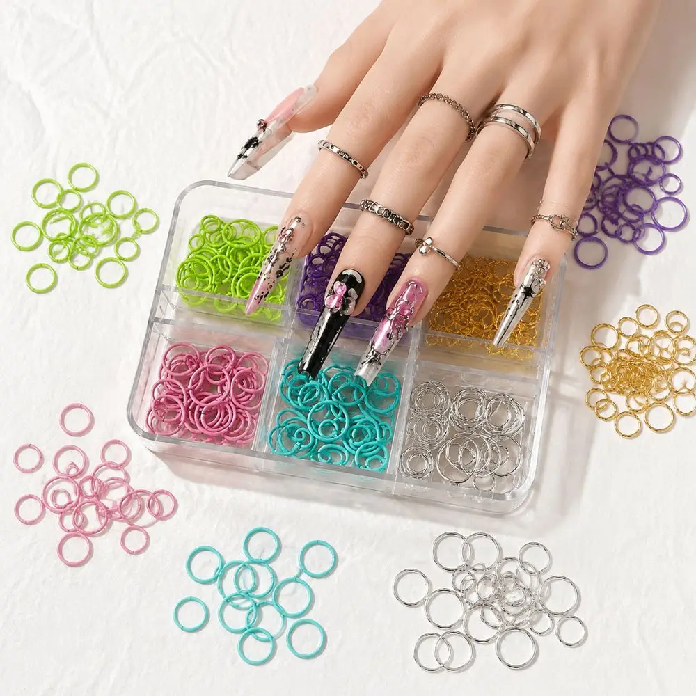 6Grids Nail Art Assortment Box Multi‑Size Metal Open Jump Rings Hollow Circle Punk Loop Charms For Home DIY Acrylic Manicure