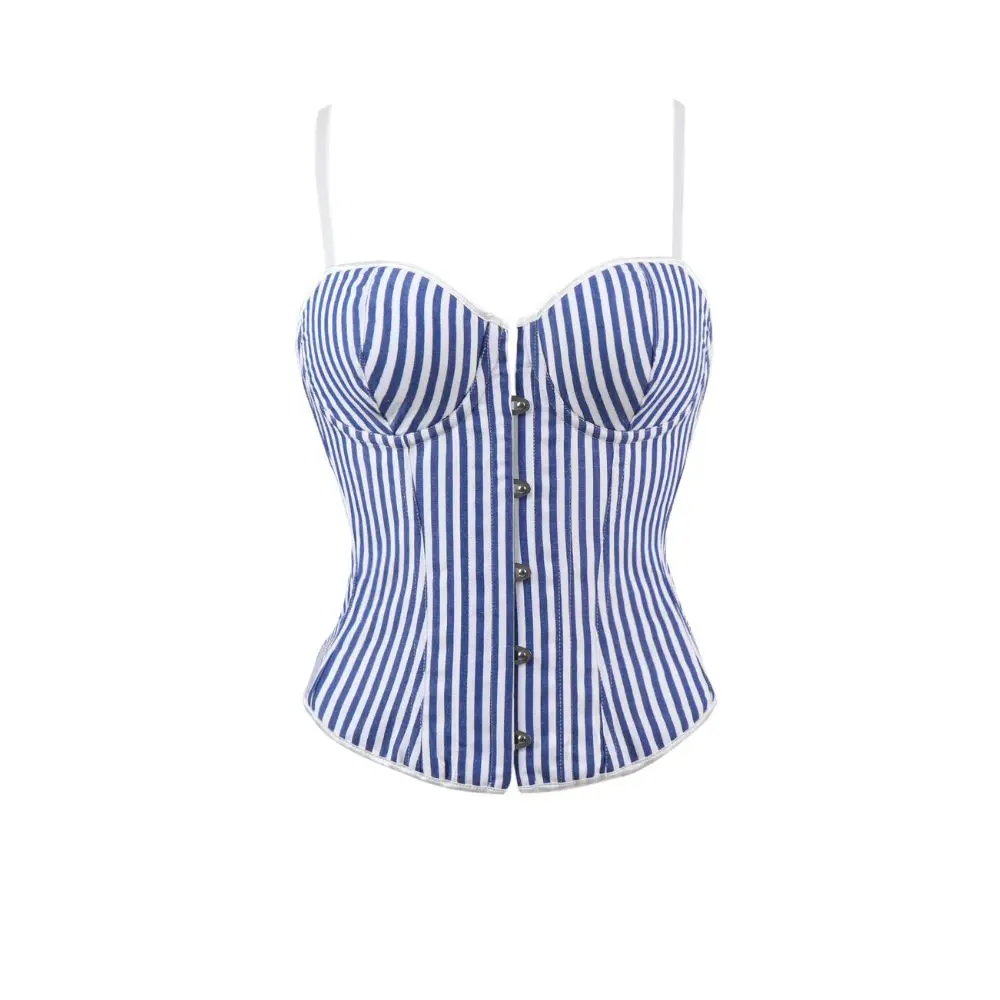 Vintage Blue White Stripe Corset Camisole Top Metal Button Front Slimming Waist Trainer French Nautical Summer Beachwear