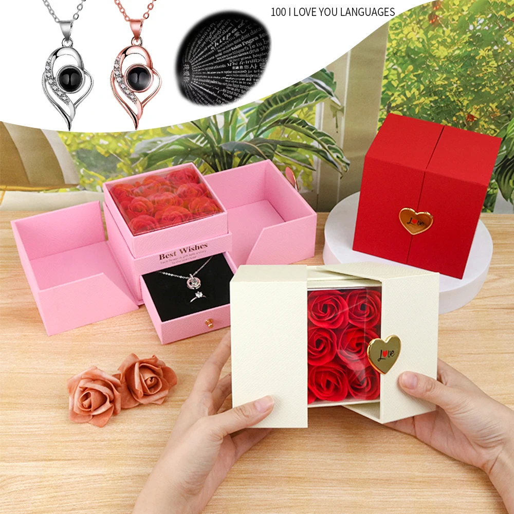

Romantic Jewelry Gift Set: 9 Roses & 100 Languages I Love You Necklace in with Heart, Meaningful Gift for Girlfriend/Wife