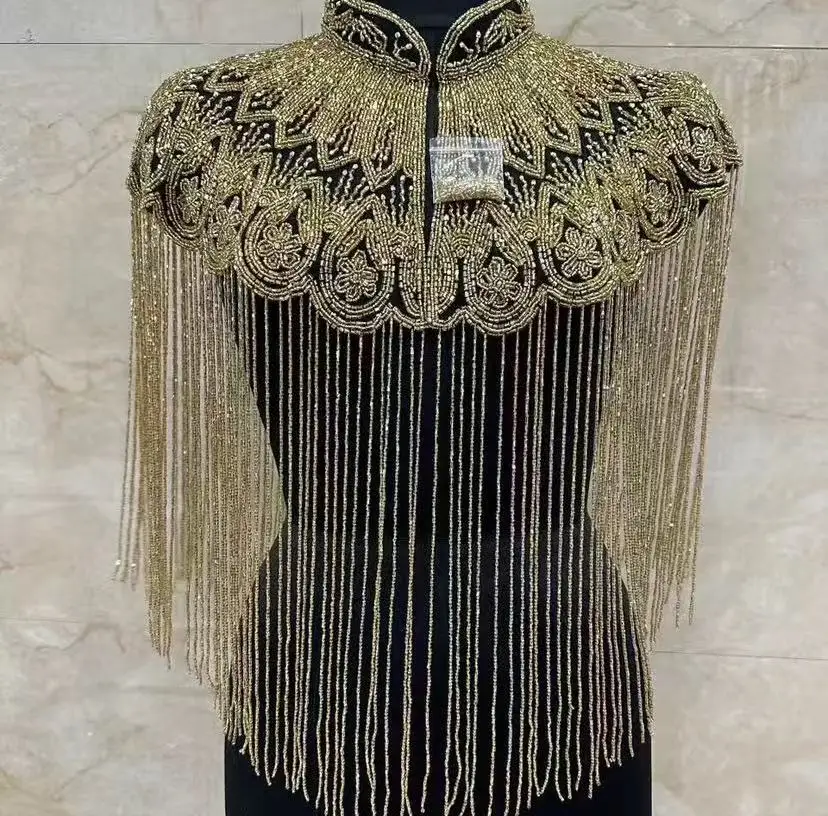Gold Shawl Heavy Industry Beaded Long Tassel Cloud Shoulder Met Gala Fashion Show Ancient Shawl Women Evening Dres Top Cape
