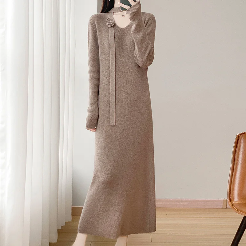 

Fall/Winter New 100% Pure Wool Dress Women's Waist Slim Over Knee Long Sleeve Cashmere Sweater Long Dress