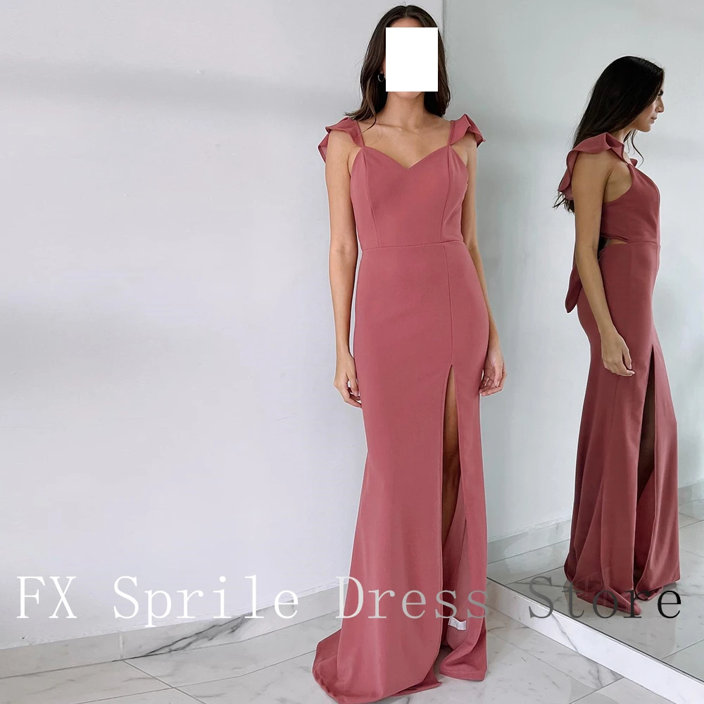 Formal Straight Floor Length Jersey V-Ncek Evening Dress Spaghetti Pleats Straps Classic Sleeveless Solid Color Sweep Train