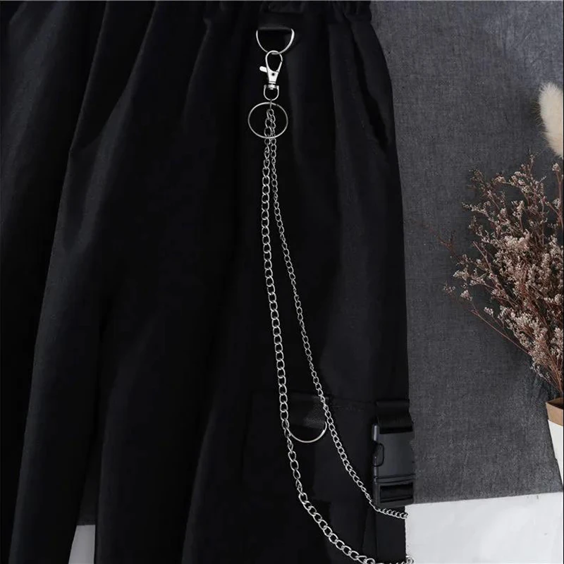 Spring Autumn Women Harajuku Cargo Pants Handsome Cool Two-piece Suit Chain Long Sleeve+Ribbon Pants