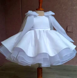 White Flower Girl Dress For Wedding Knee Length Long Sleeves Princess Kids Birthday Party First Holy Communion Baby Ball Gown