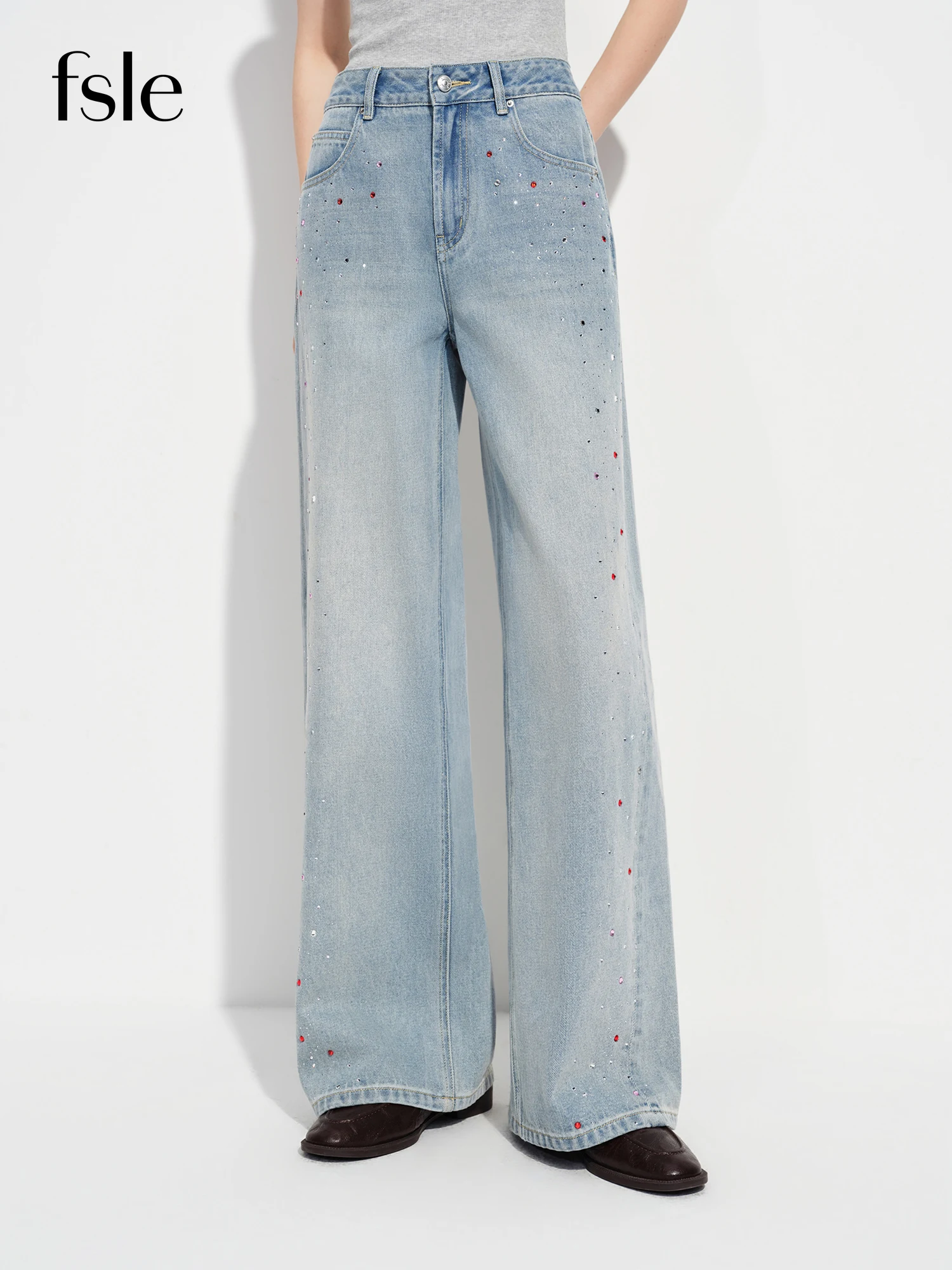 

FSLE 2026 Spring Women's Light Blue Washed Beaded High Waist Wide Leg Jeans - Casual Comfort Trousers Stretch Fabric for