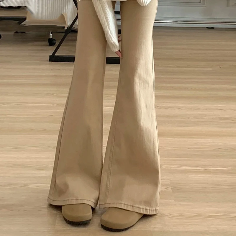 

High Waist Fleece Lined Khaki Bell Bottom Jeans Women's Spicy Slimming Draping Floor Length Hoof Jeans Winter Style