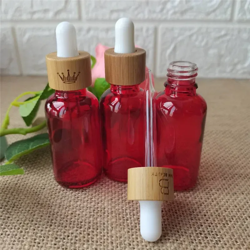 ขวดหยดแก้วพร้อมฝาไม้ไผ่ ขวดน้ํามันหอมระเหยแก้ว บรรจุภัณฑ์เครื่องสําอาง น้ํามันหอมระเหยผม Dropper Face Serum Bottles