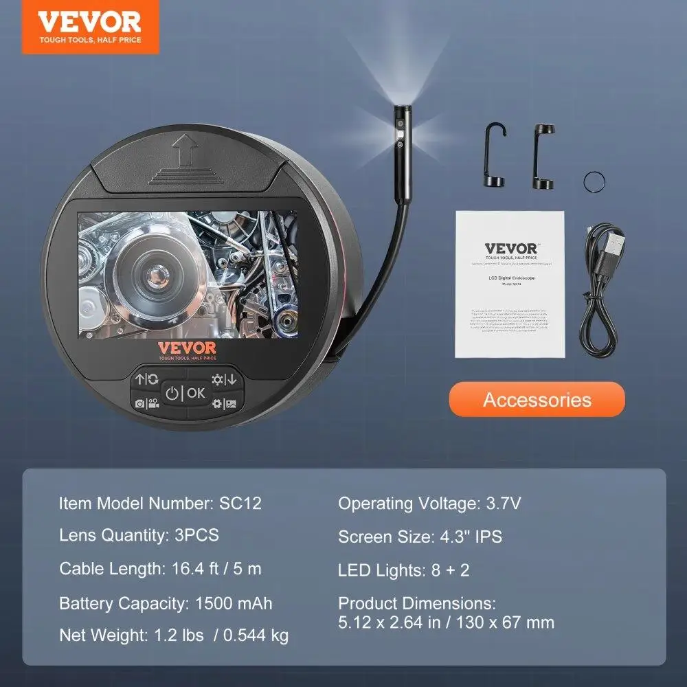 Câmera Endoscópio Triplo Lente, Boroscópio, 4,3 "Tela IPS, 8 Mais 2 Luzes