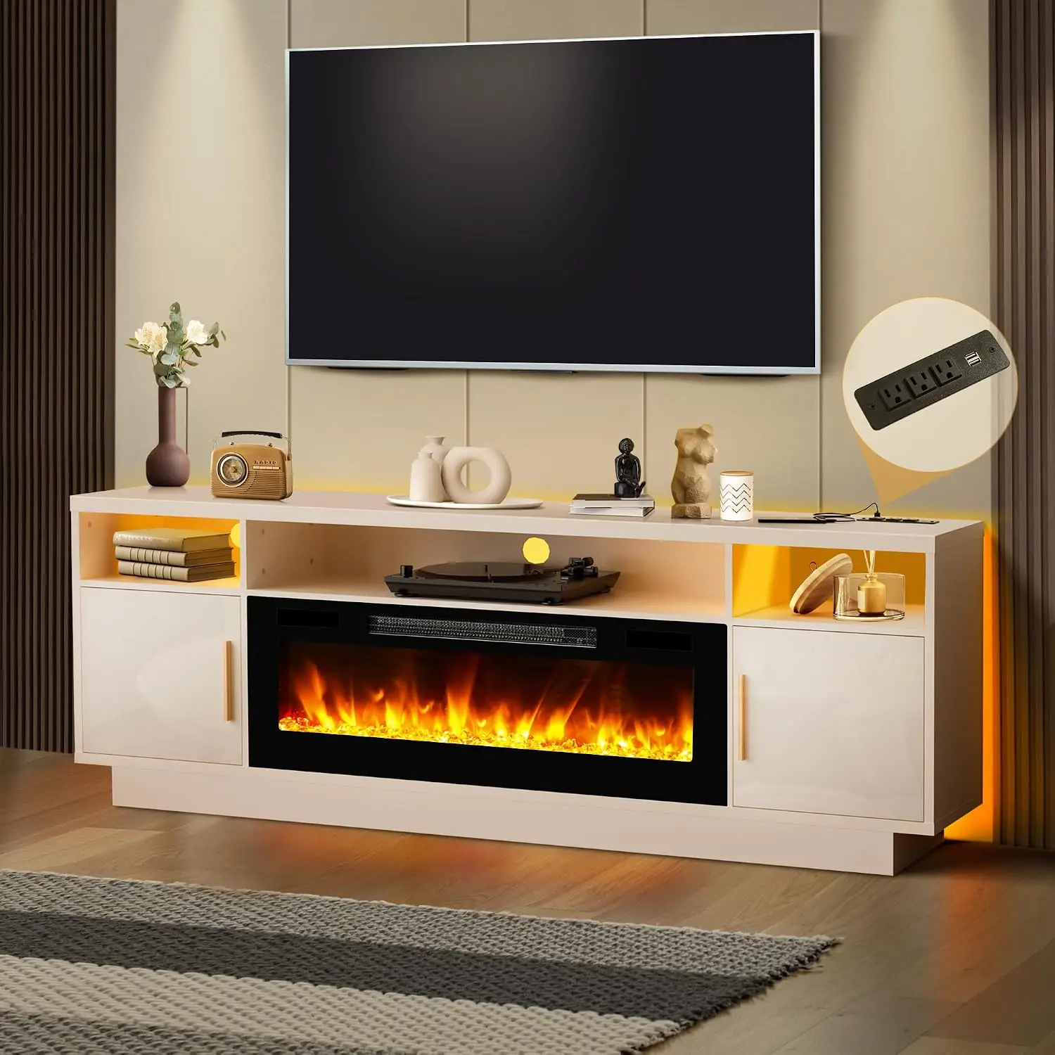 White Electric Fireplace TV Stand LED & Outlets 80 Inch TV Console Living Room Storage Cabinet, Customized