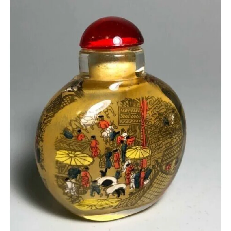 6cm Old-Fashioned Chinese Glass Riverside Scene Qingming Festival Snuff Bottle