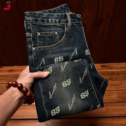 Autumn and winter light luxury printed jeans MEN'S slim fit skinny elastic trend fashionable retro blue denim trove
