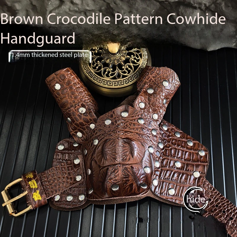 Coffee Colored Imitation Crocodile Pattern Real Cowhide Full Package Slingshot Handguard, Thickened Steel Plate Pulley Bow Handg