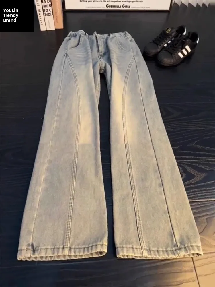 

Blue Fce Lined Men's Straight Leg Jeans Autumn Winter Vintage American Sle Knife Slant Cut Trousers Youth Faion