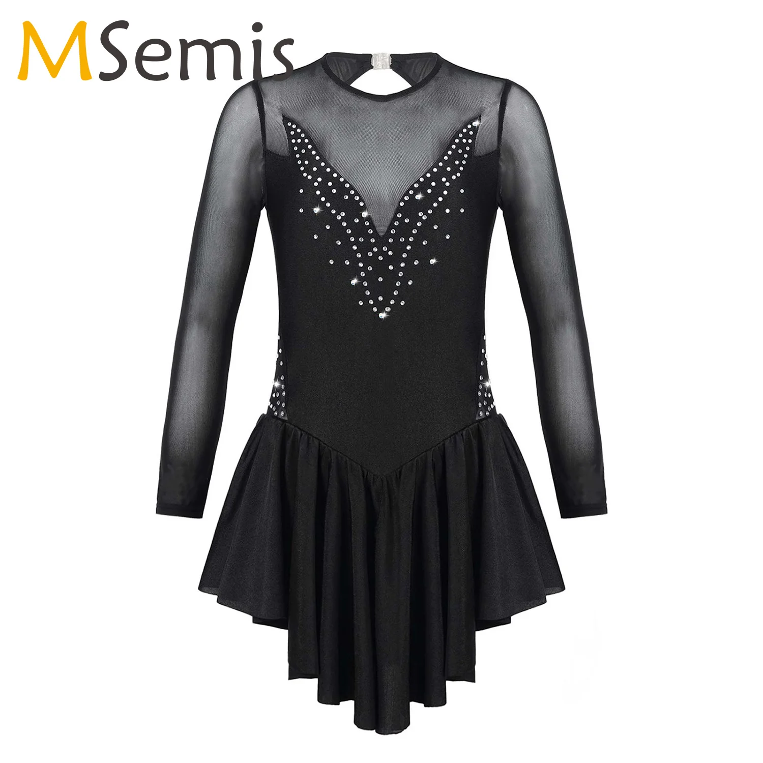 Kids Girls Rhinestone Mesh Long Sleeve Figure Skating Dress Artistic Gymnastic Training Performance Ballet Dance Leotard Dress