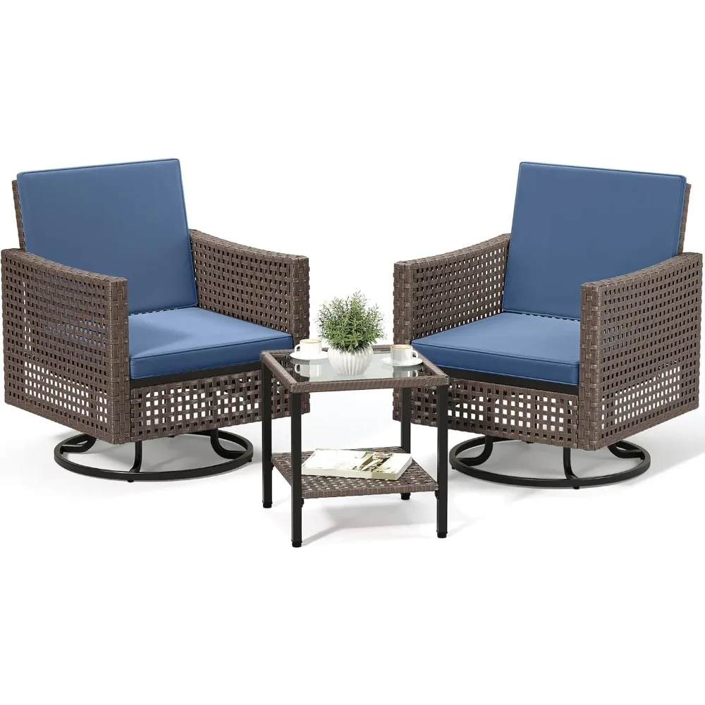 3 قطع كراسي هزازة دوارة، كرسي فناء من الخيزران مجموعة أثاث الفناء الخارجي مع طاولة جانبية من الخيزران، وسائد سميكة، Byst