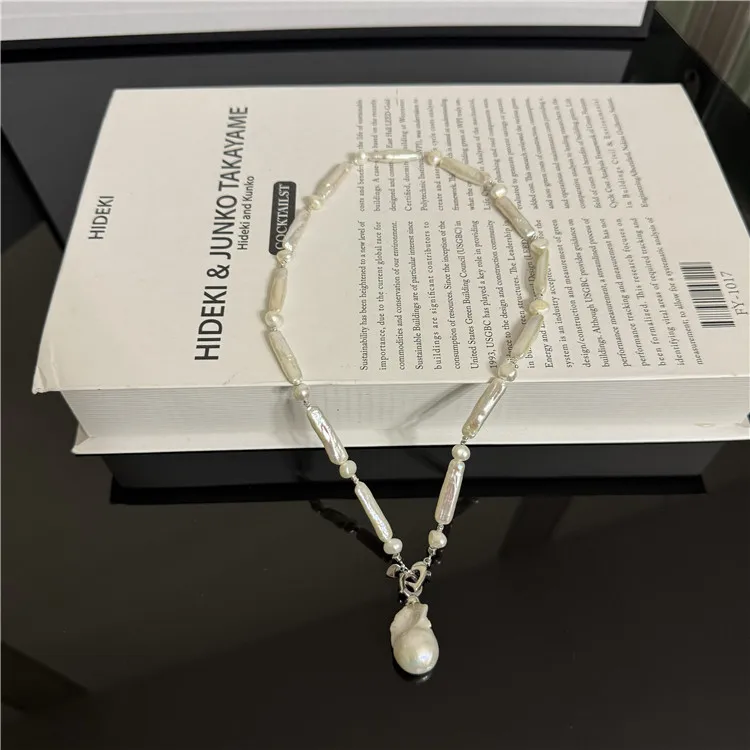 

Natural Freshwater Cultured White Biwa Pearl Necklace CZ Keshi Baroque Pearl Pendant