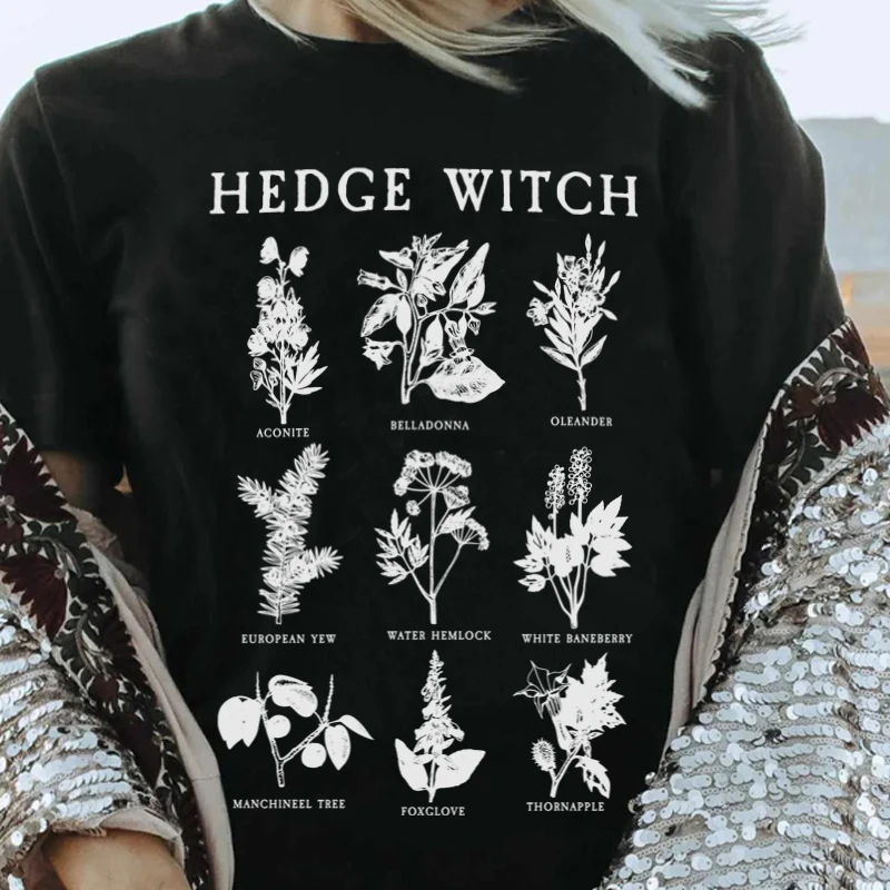 Hedge Witch Poisonous Plants Vintage Tshirt Oversized Botanical Grunge Gothic T-Shirt Graphic Tops Women Hippie Witch Tee Shirt