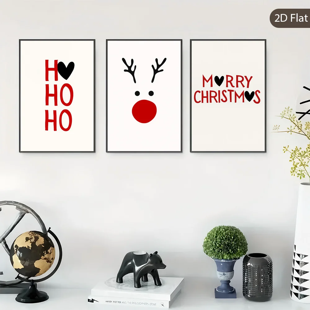 （Noframe 3PCS)-2D Flat, 3pcs Unframed Christmas Cheer Canvas Painting, Festive Fun Wall Artwork, Reindeer Antlers Wall Decor,
