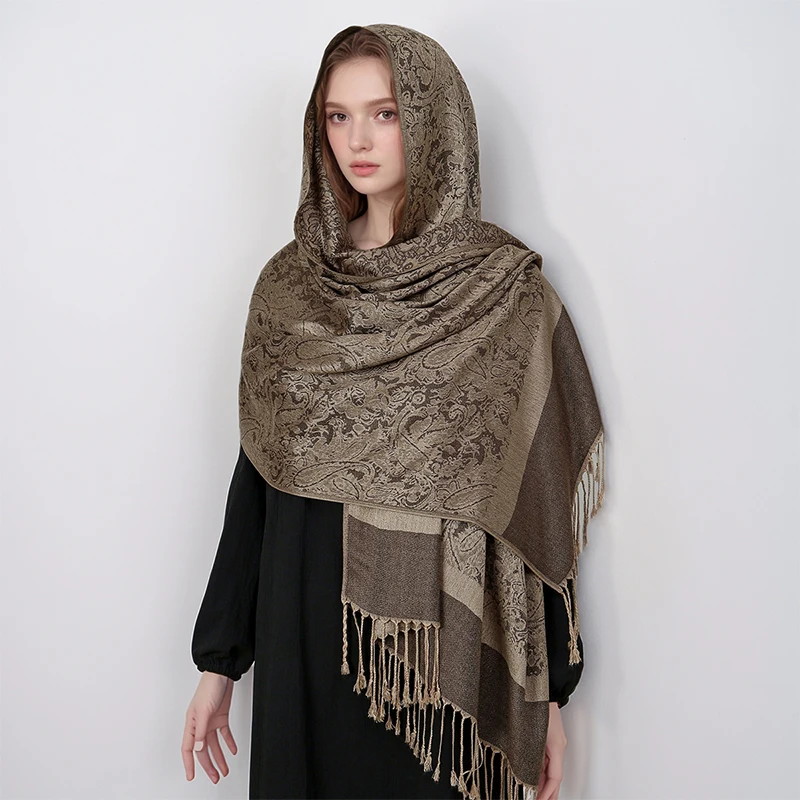 [T003] 1pc Bohemian Fashion Paisley Jacquard Pashmina Scarf Tassel Ladies Hijab Shawl Wrap Winter Suitable For Daily Wear