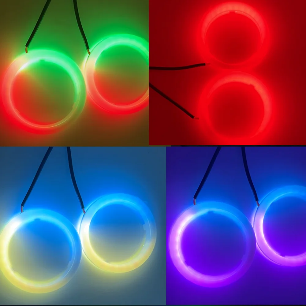 2PCS RGB Angel Eye LED Luci di marcia diurna per fari con controllo APP Multi-colore sincronizzato alla musica per veicoli 60MM-120