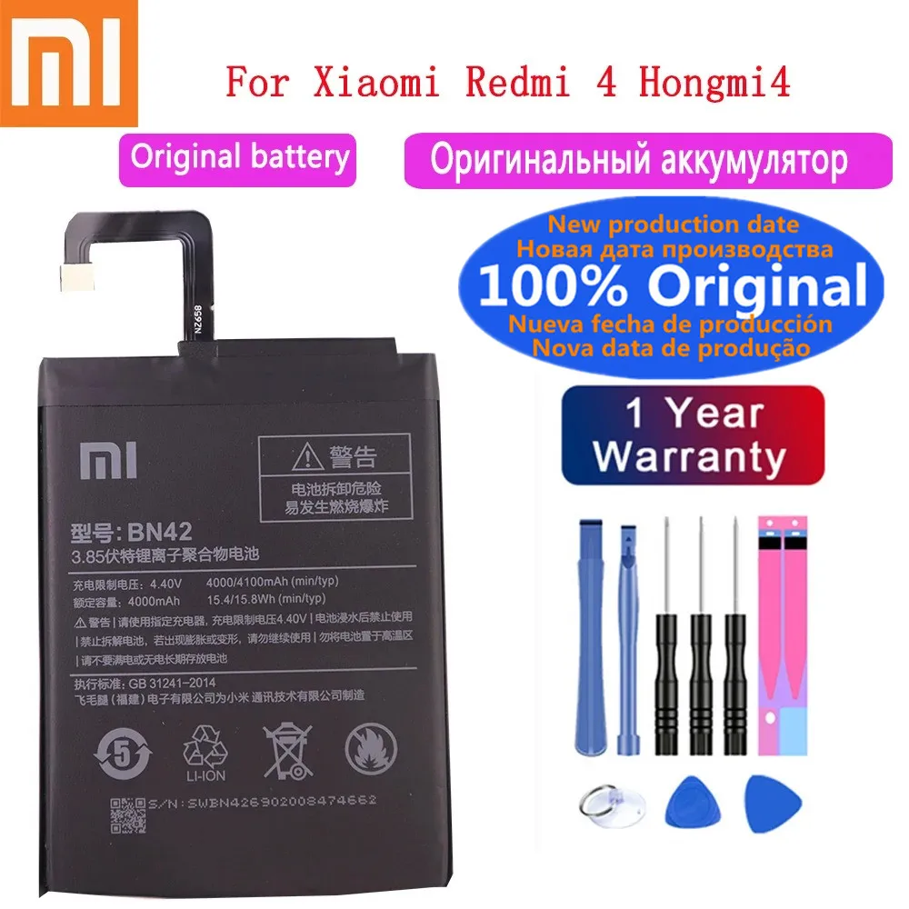 

BN42 100% Orginal Battery BN42 For Xiaomi Redmi 4 Redmi4 Hongmi 4 High Quality Phone Replacement Batteries 4100mAh + Free Tools