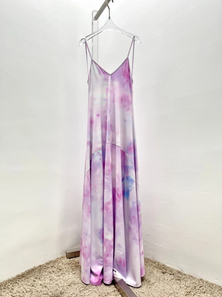 

2024 New Arrivals Spring Summer High Quality Lilac Tie-dye Hollow Out Backless Sleeveless Sling Maxi Dress