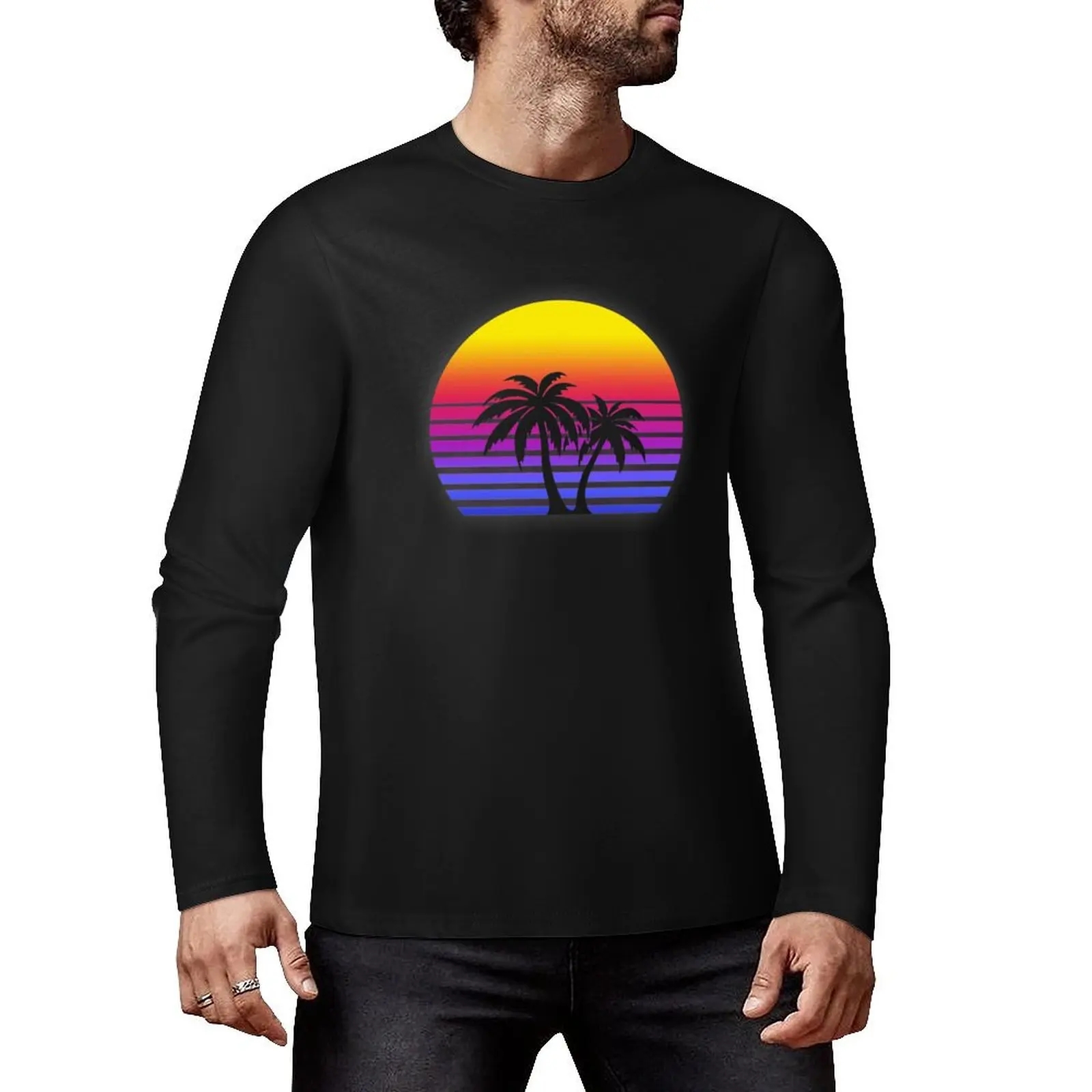 Synthwave Sun Palm Trees Long T-Shirt plain t-shirt quick drying t-shirt mens graphic t-shirts big and tall