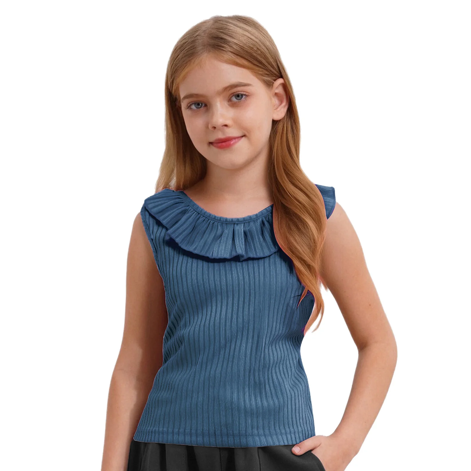 

Kids Girls Cute Tank Tops Child Ruffle Ribbed Tank Top Sleeveless T Shirt Cross Back Vest for Vacation Picnic Weekend Daily Wear