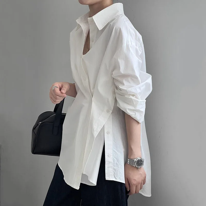 Fashion Irregular Women Shirts Spring Autumn Design Loose Side Split Blouse Woman French Style Long Sleeve Inclined Button Shirt