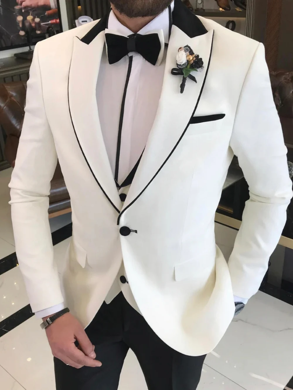 Handsome Slim Fit Suit Jacket Man Wedding Birthday Party Sets Spring Autumn Peak Lapel Tuxedo 3 Pieces Performance Outfit